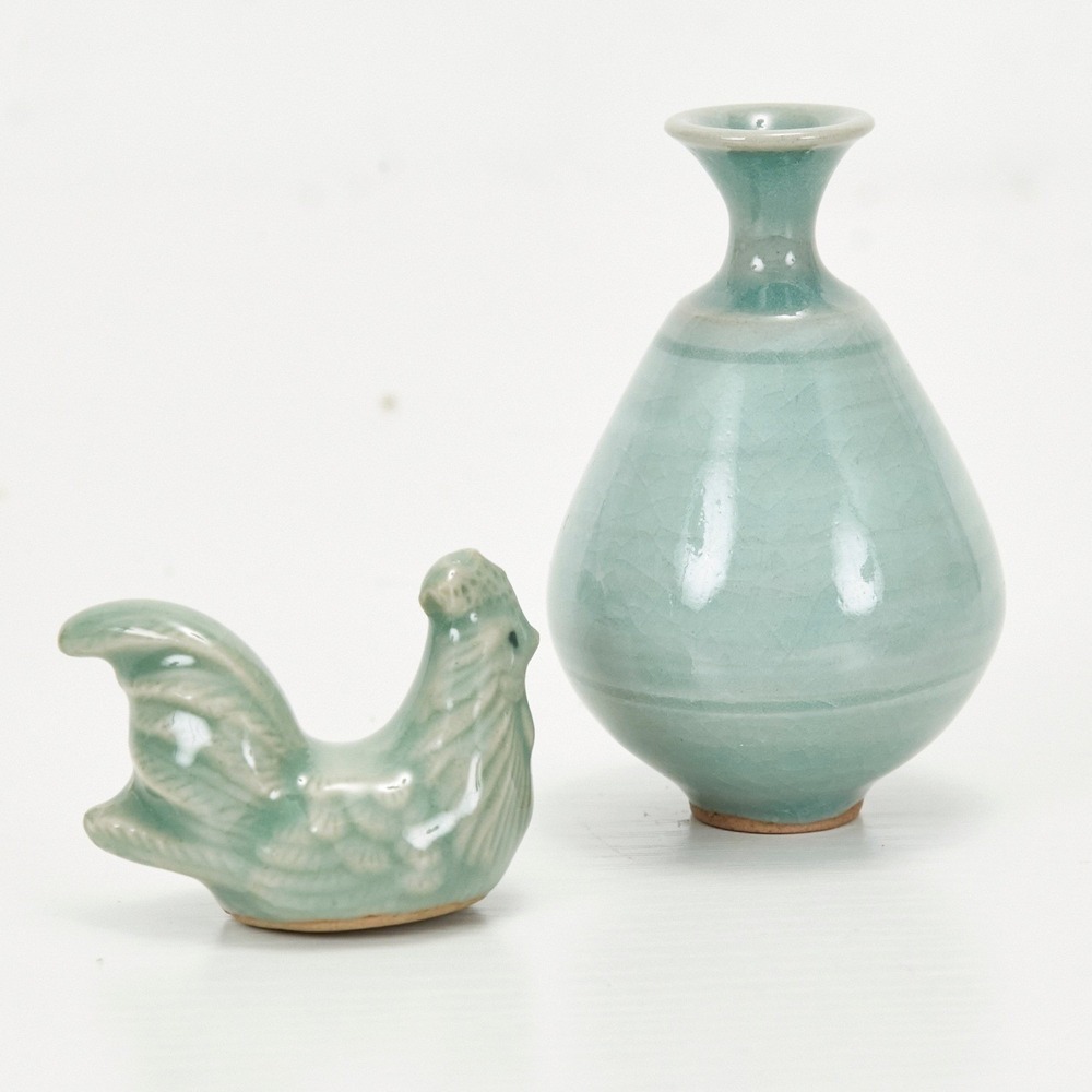 Celadon Glaze Ceramic Mini Rooster and Vase Set Decorative Collectible Vintage